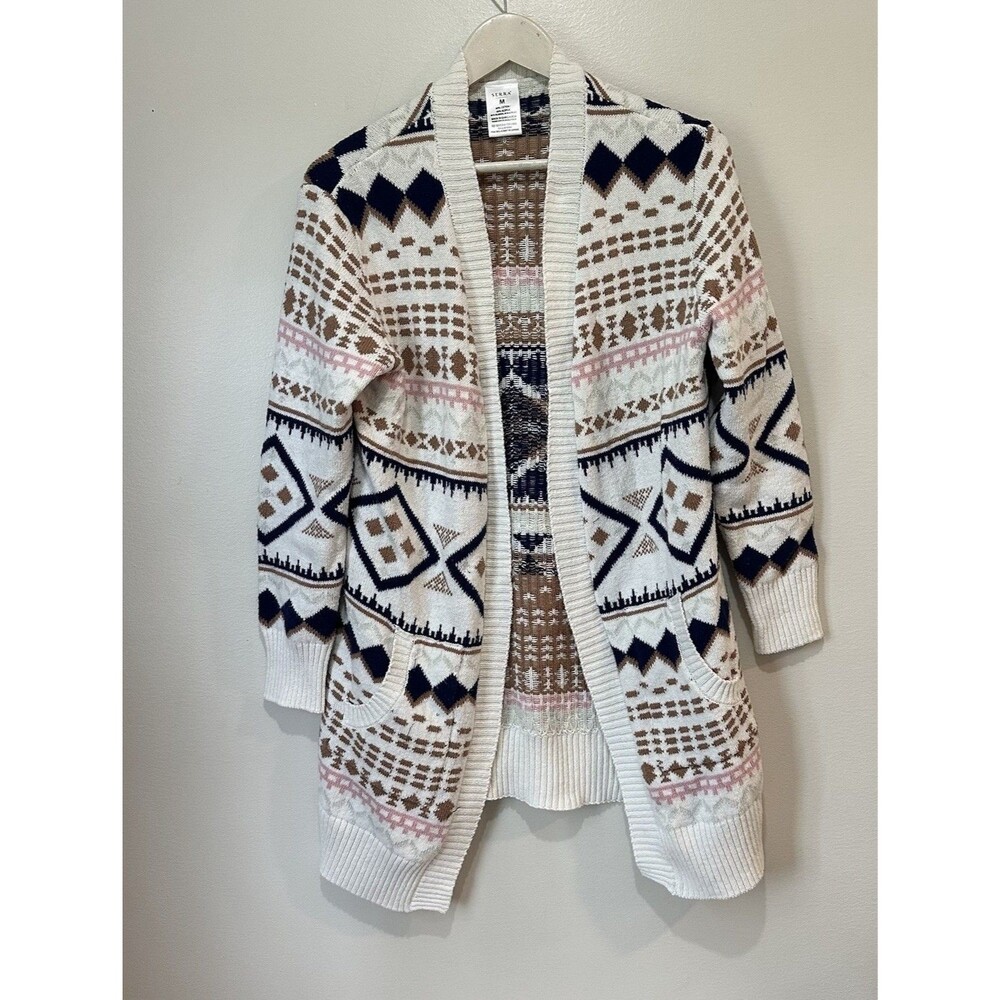 SERRA Super Soft Pink Blue Tan Tribal Long Open Cardigan Pockets Cotton Sz. Med.